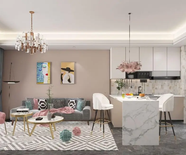 Modern living room and island kitchen inside a Dolce Vita Oasis apartment