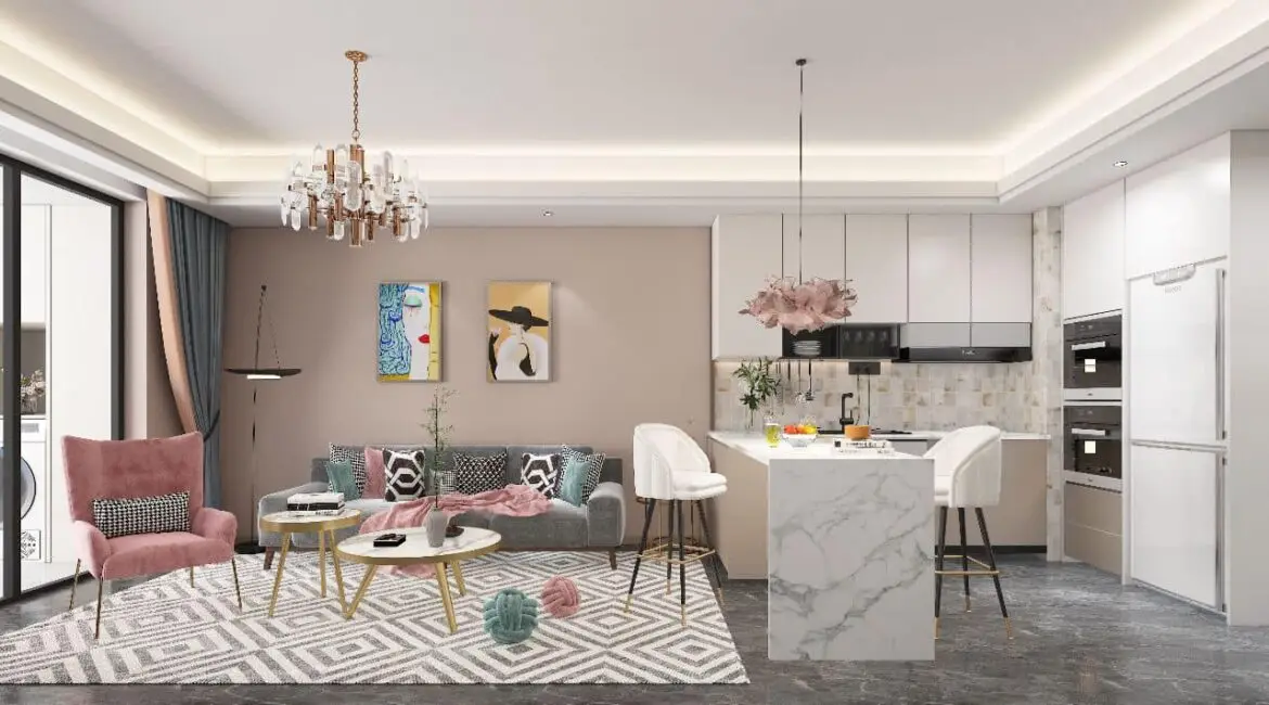 Modern living room and island kitchen inside a Dolce Vita Oasis apartment
