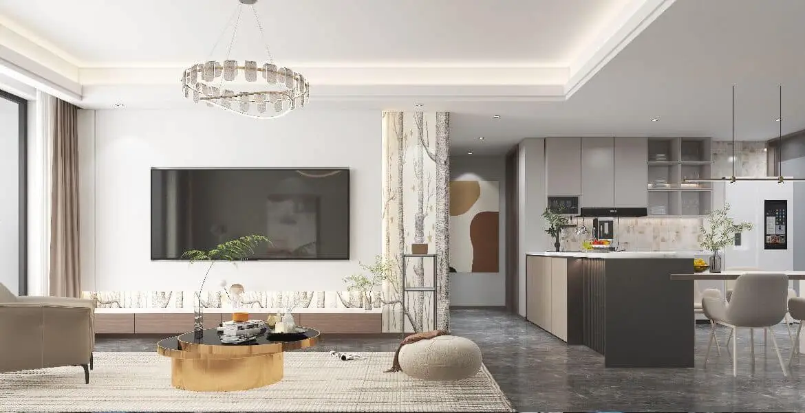 Open-plan living room and fitted kitchen at Dolce Vita Oasis Apartments