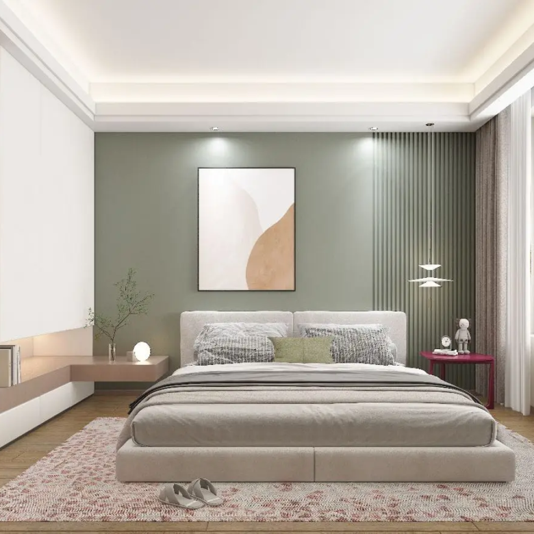 Contemporary bedroom with built-in shelving at Lovi Crescent Apartments Westlands