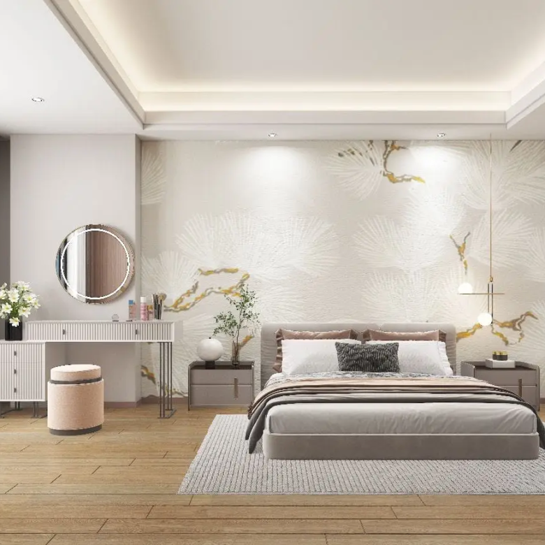 Luxury bedroom with decorative feature wall at Lovi Crescent Apartments