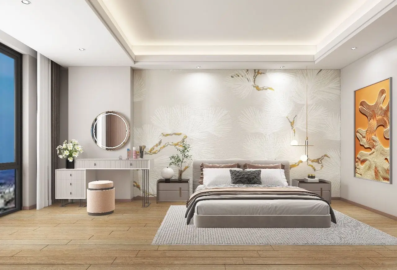 Luxury bedroom with decorative feature wall at Lovi Crescent Apartments