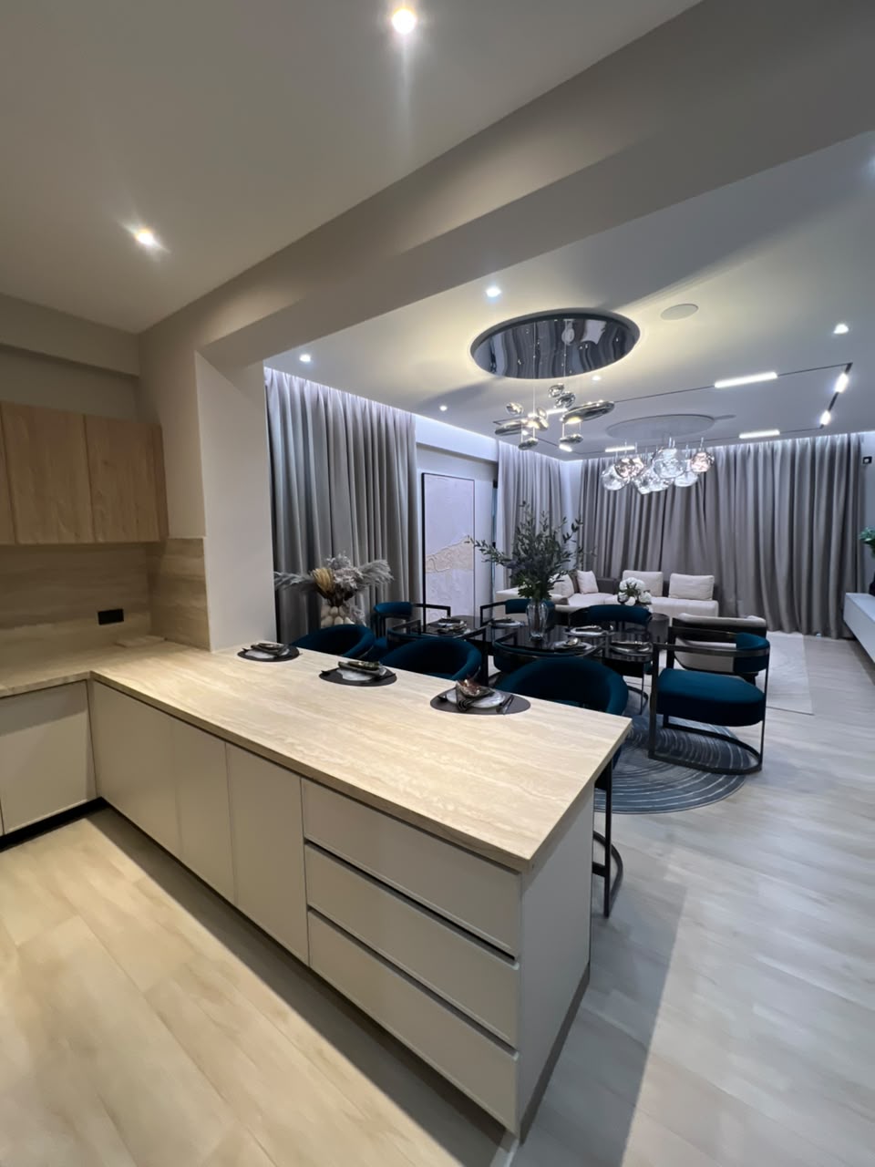 Kitchen island overlooking the dining and living area at Verona Apartments Westlands