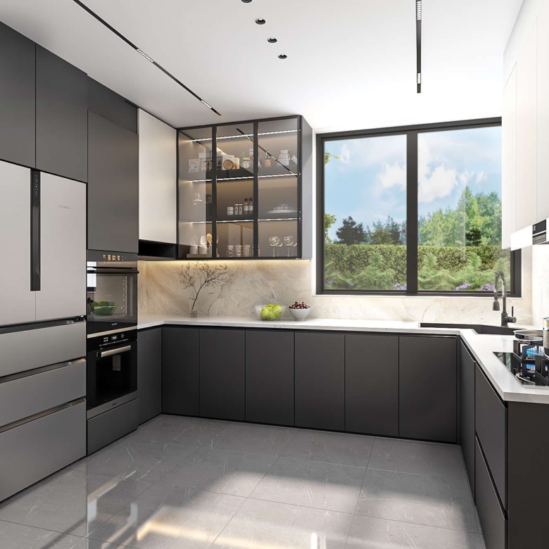 Contemporary dark fitted kitchen at Aya Luxury Residences with built-in appliances