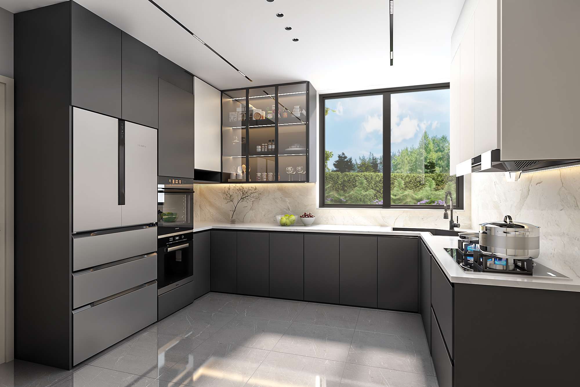 Contemporary dark fitted kitchen at Aya Luxury Residences with built-in appliances