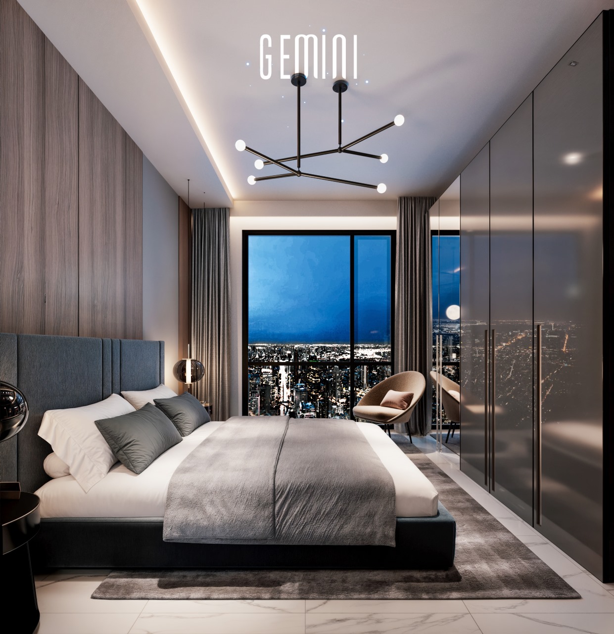 Modern bedroom with city views at Gemini Residency Westlands
