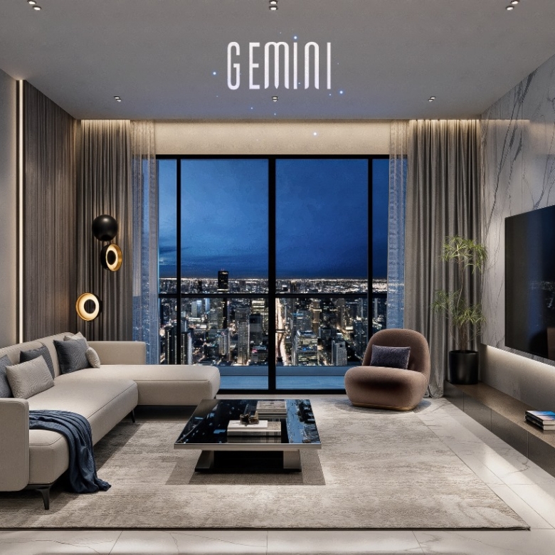Luxury living room with panoramic city views at Gemini Residency