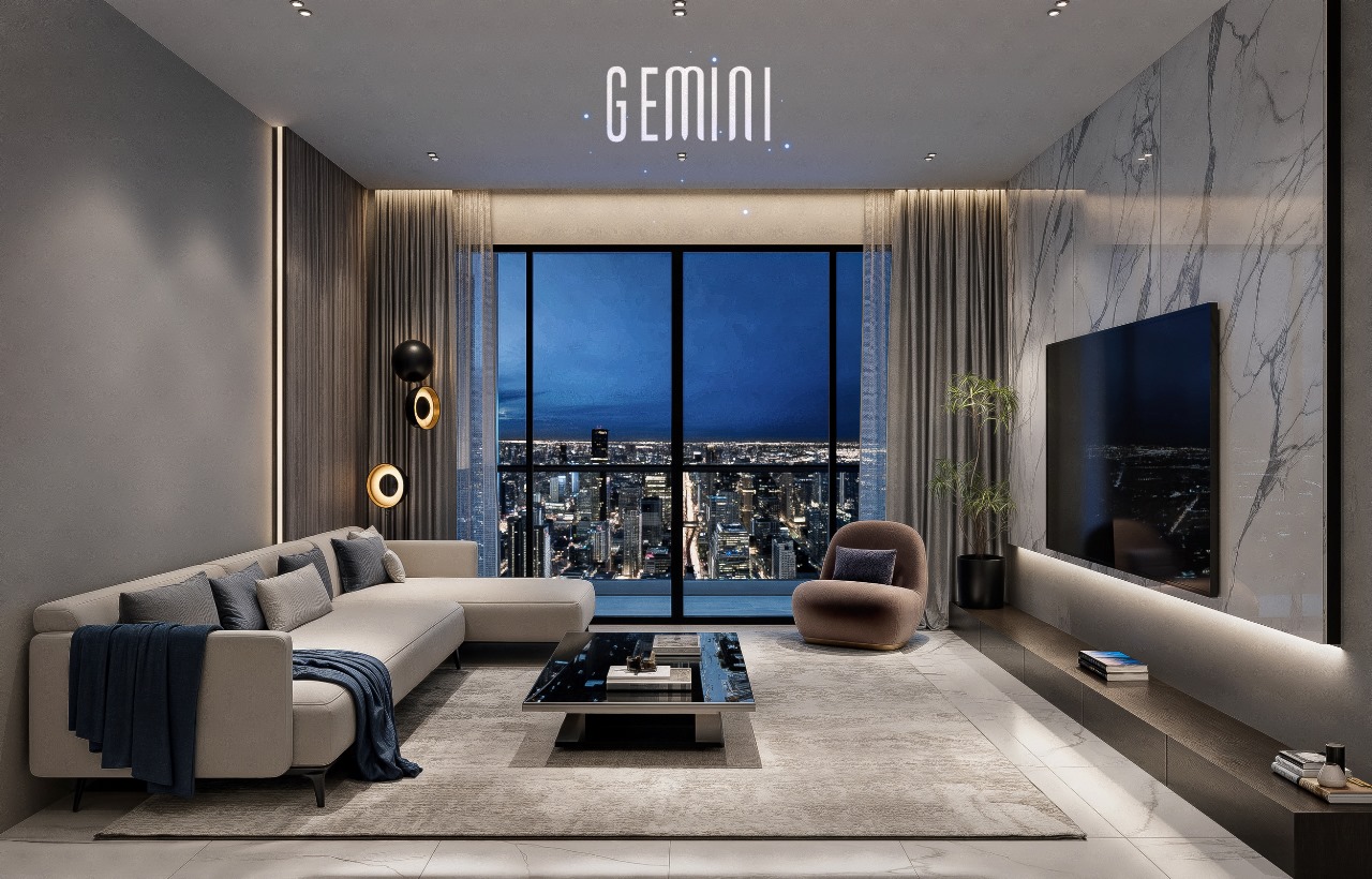 Luxury living room with panoramic city views at Gemini Residency
