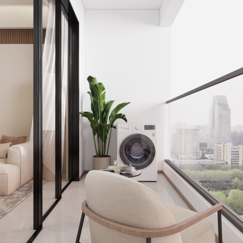 Oxford Homes Residency apartment balcony featuring glass railings, outdoor seating, a washing machine, and panoramic city views.