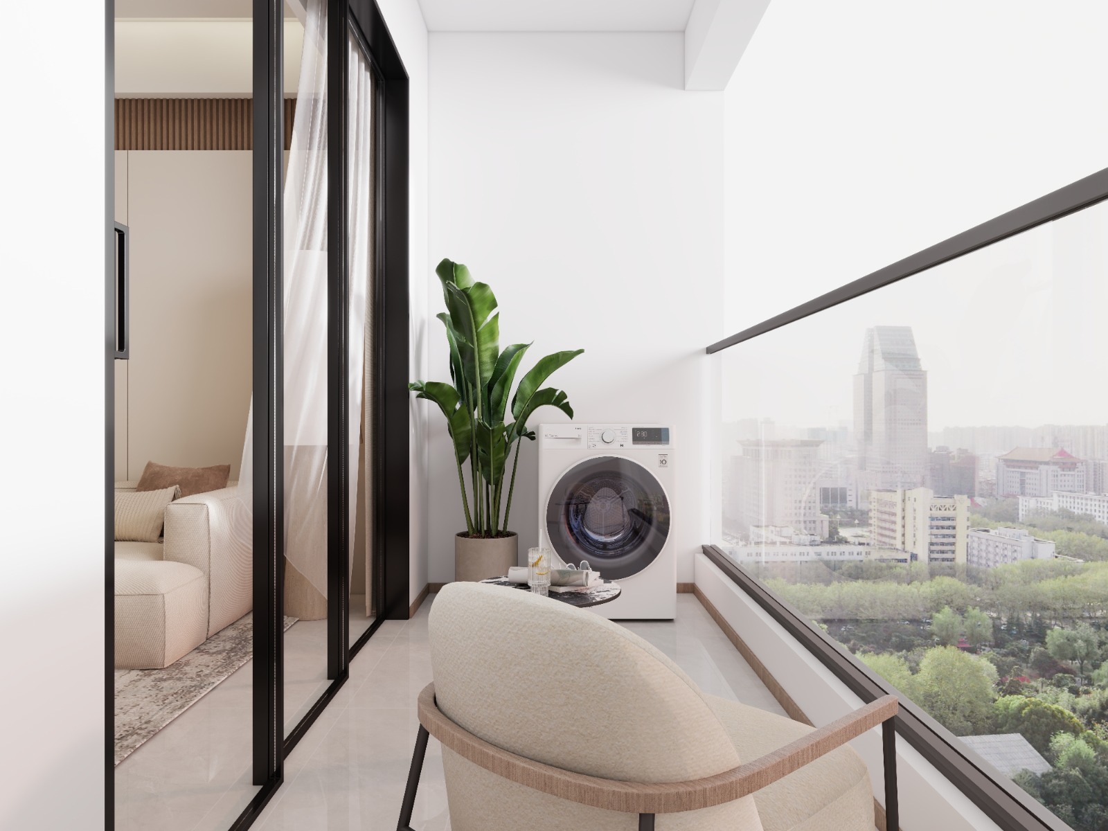 Oxford Homes Residency apartment balcony featuring glass railings, outdoor seating, a washing machine, and panoramic city views.