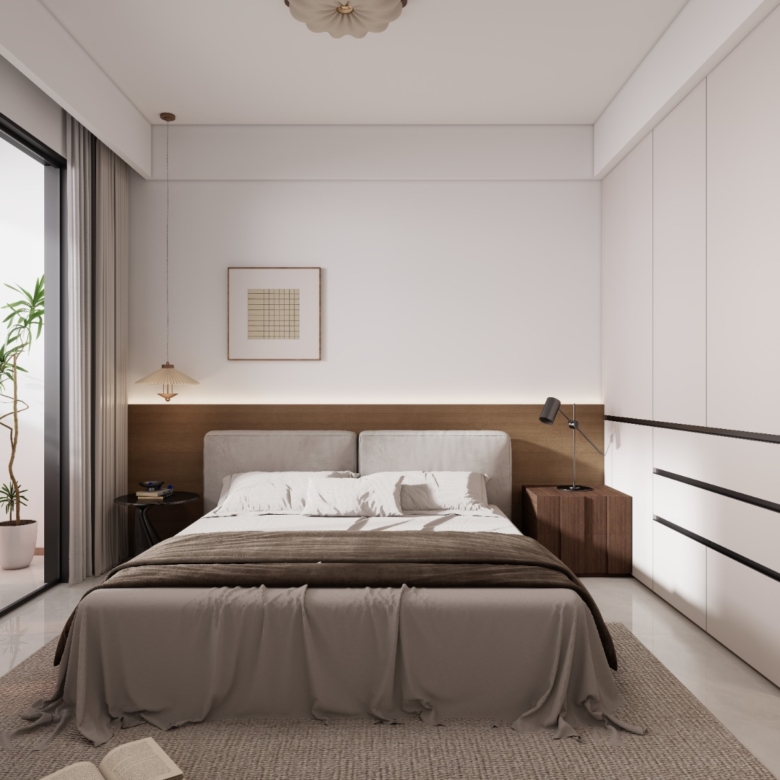 Oxford Homes Residency bedroom featuring a large upholstered bed, sliding glass balcony doors, full-length curtains, and panoramic skyline views.