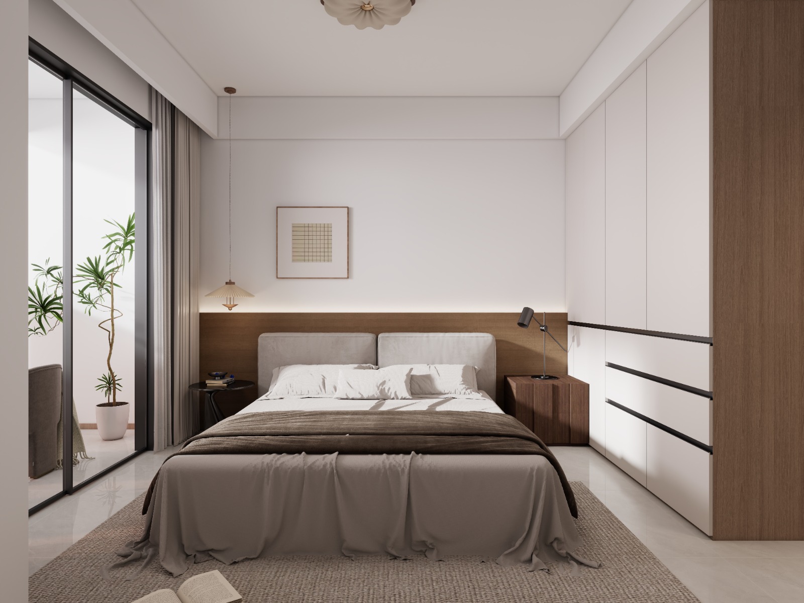 Oxford Homes Residency bedroom featuring a large upholstered bed, sliding glass balcony doors, full-length curtains, and panoramic skyline views.