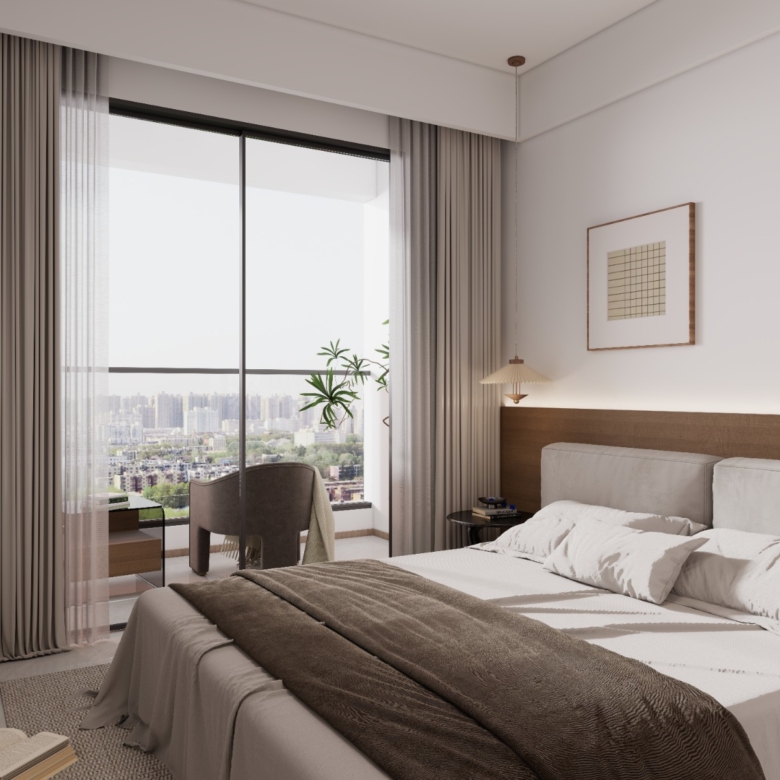 Oxford Homes Residency modern bedroom featuring a double bed, fitted wardrobes, bedside tables, and elegant neutral interior finishes.
