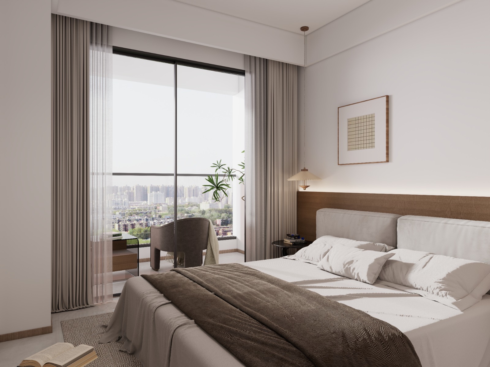 Oxford Homes Residency modern bedroom featuring a double bed, fitted wardrobes, bedside tables, and elegant neutral interior finishes.