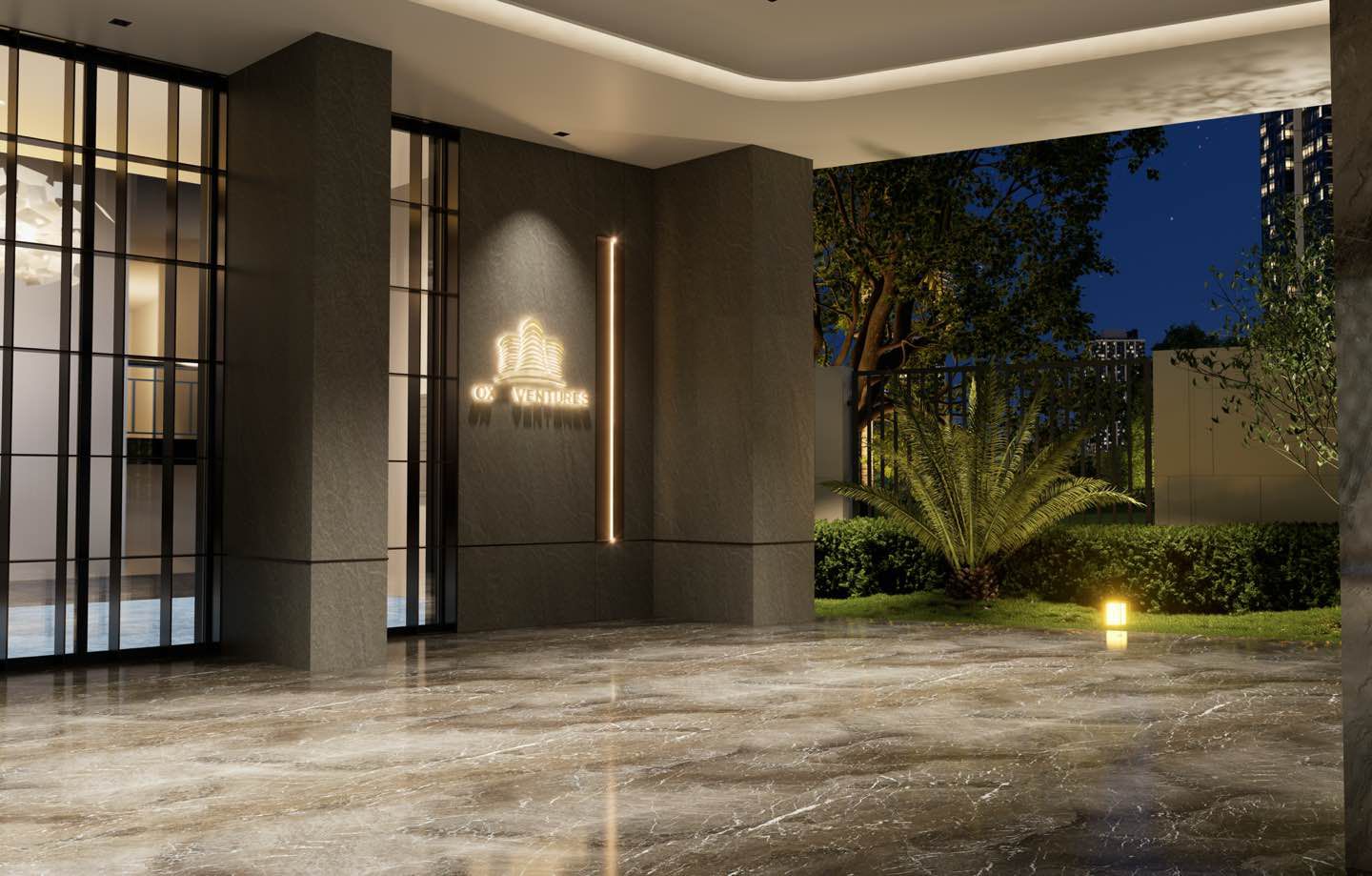 Oxford Homes Residency main entrance exterior showing a modern high-rise façade, gated driveway, landscaped frontage, and contemporary architectural finishes.
