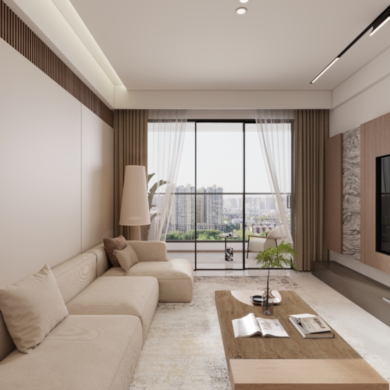 Oxford Homes Residency bright living room featuring a cream sectional sofa, wooden coffee table, modern TV wall, fireplace, and balcony doors.