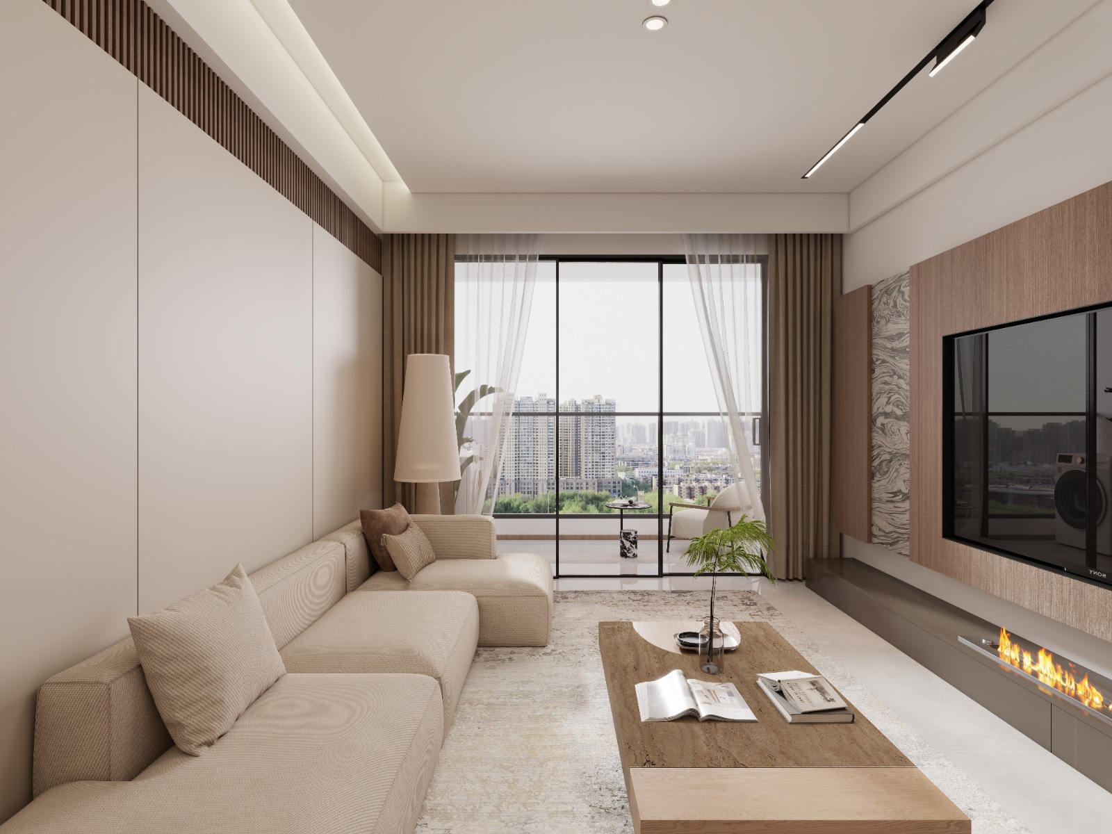 Oxford Homes Residency bright living room featuring a cream sectional sofa, wooden coffee table, modern TV wall, fireplace, and balcony doors.