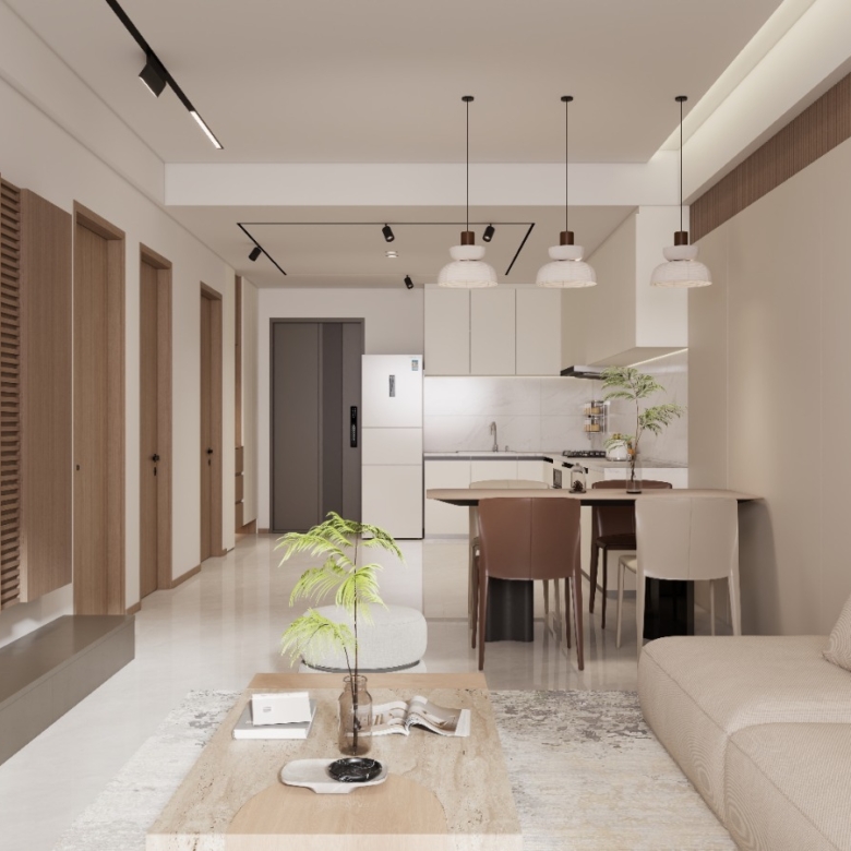 Oxford Homes Residency modern living room featuring a cream sofa, wooden coffee table, wall-mounted television, fireplace, and open-plan kitchen.