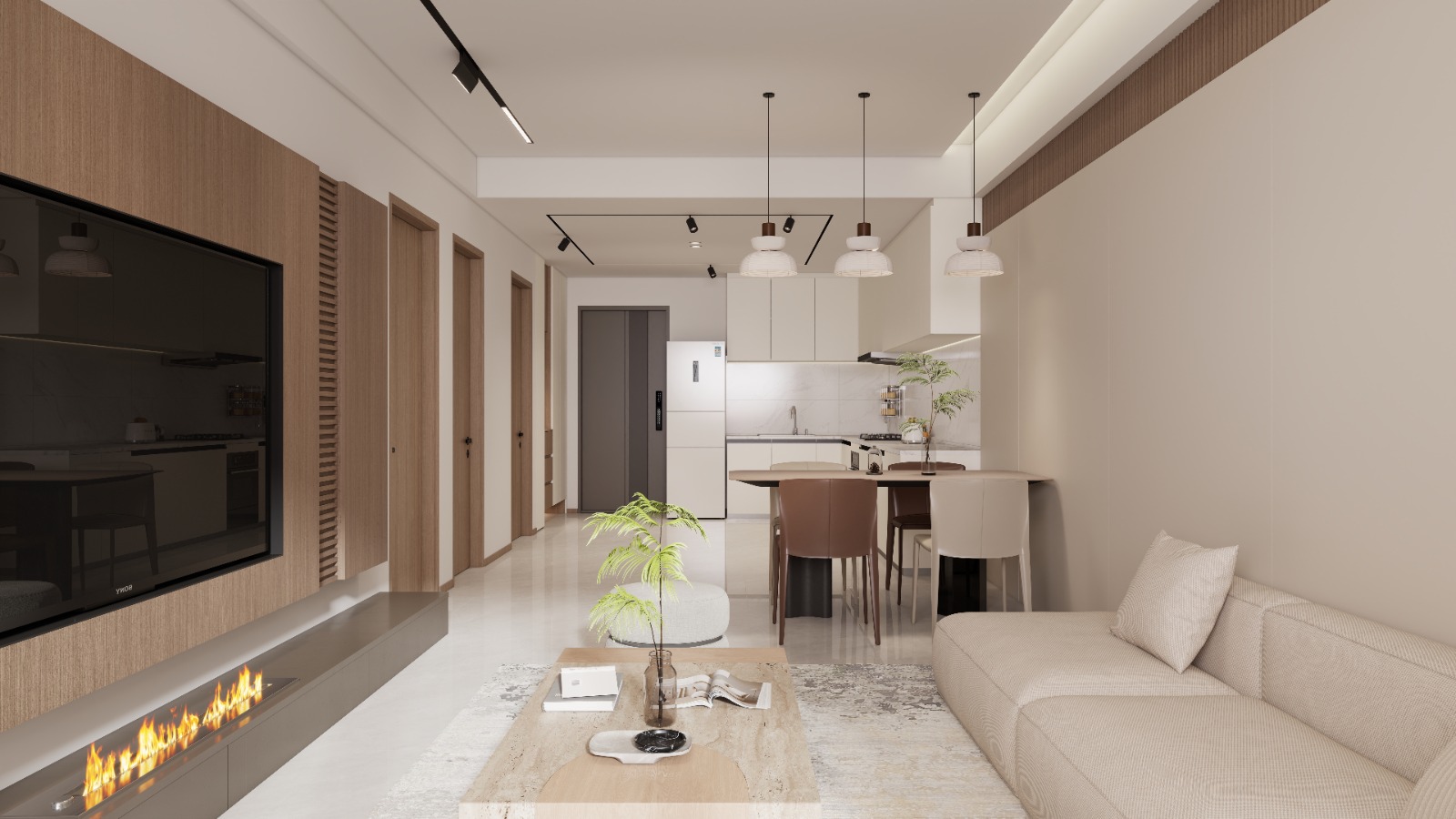 Oxford Homes Residency modern living room featuring a cream sofa, wooden coffee table, wall-mounted television, fireplace, and open-plan kitchen.