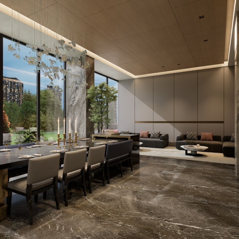 Oxford Homes Residency residents' lounge featuring a large dining table, elegant sofas, marble-look flooring, and floor-to-ceiling garden windows.