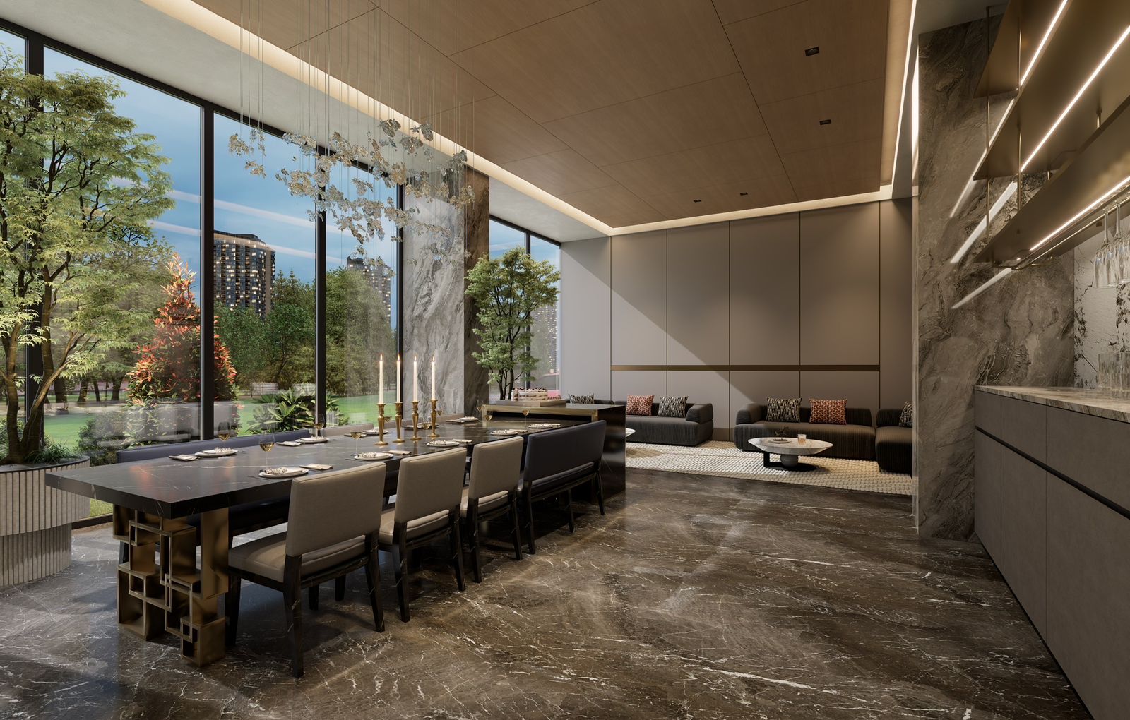 Oxford Homes Residency residents' lounge featuring a large dining table, elegant sofas, marble-look flooring, and floor-to-ceiling garden windows.