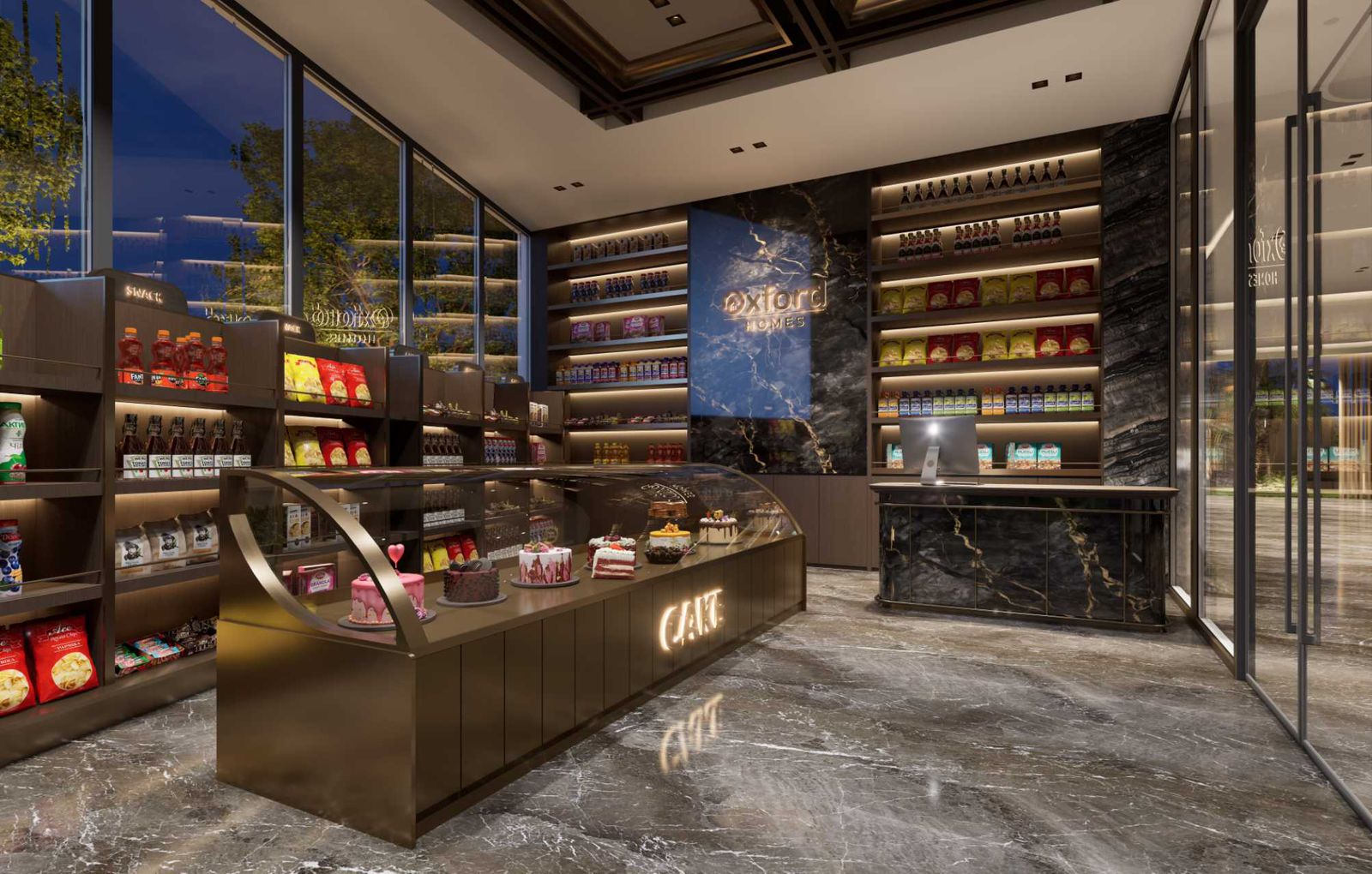 Oxford Homes Residency mini-mart rendering featuring stocked display shelves, glass cake counter, modern cashier desk, and illuminated interior finishes.