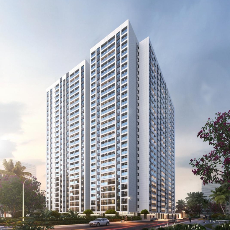 Oxford Homes Residency high-rise apartment exterior rendering featuring contemporary architecture, glass balconies, large windows, and landscaped surroundings.