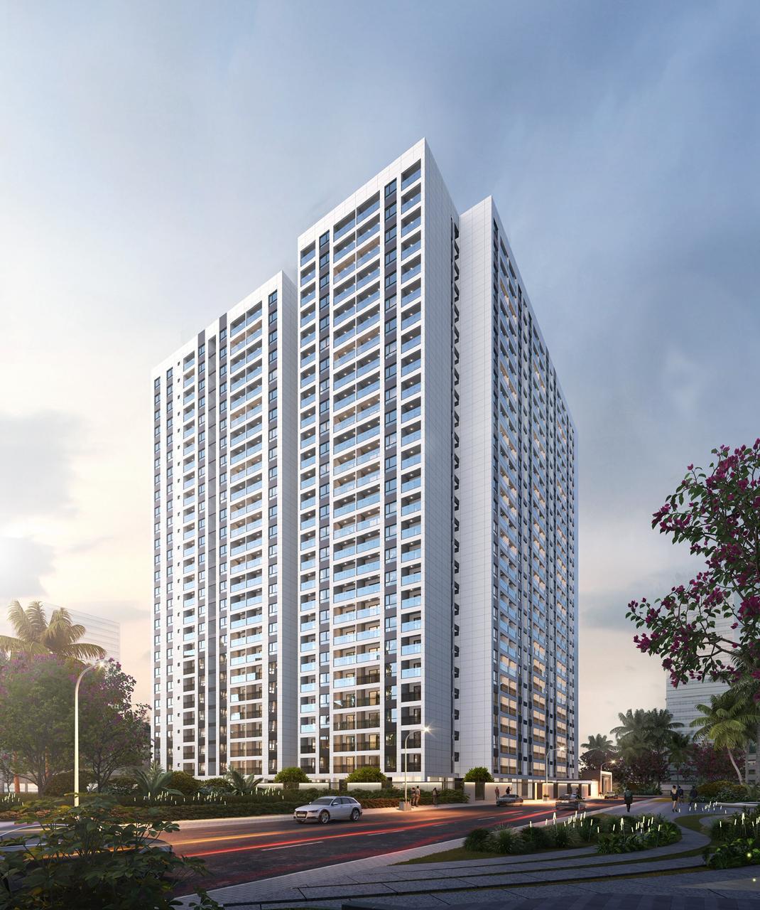 Oxford Homes Residency high-rise apartment exterior rendering featuring contemporary architecture, glass balconies, large windows, and landscaped surroundings.