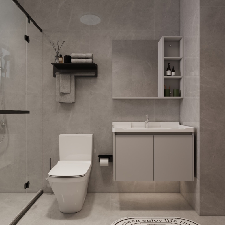 Oxford Homes Residency bathroom featuring a glass-enclosed rainfall shower, wall-mounted vanity, modern toilet, and grey marble-look tiles.