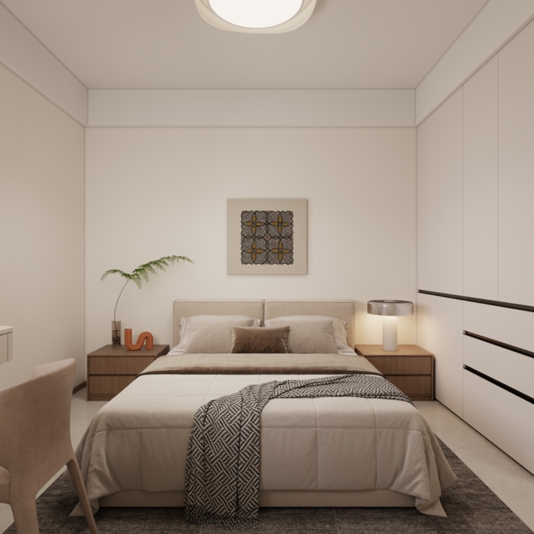 Oxford Homes Residency modern bedroom featuring an upholstered double bed, built-in wardrobes, bedside lighting, and sliding glass doors to a balcony.