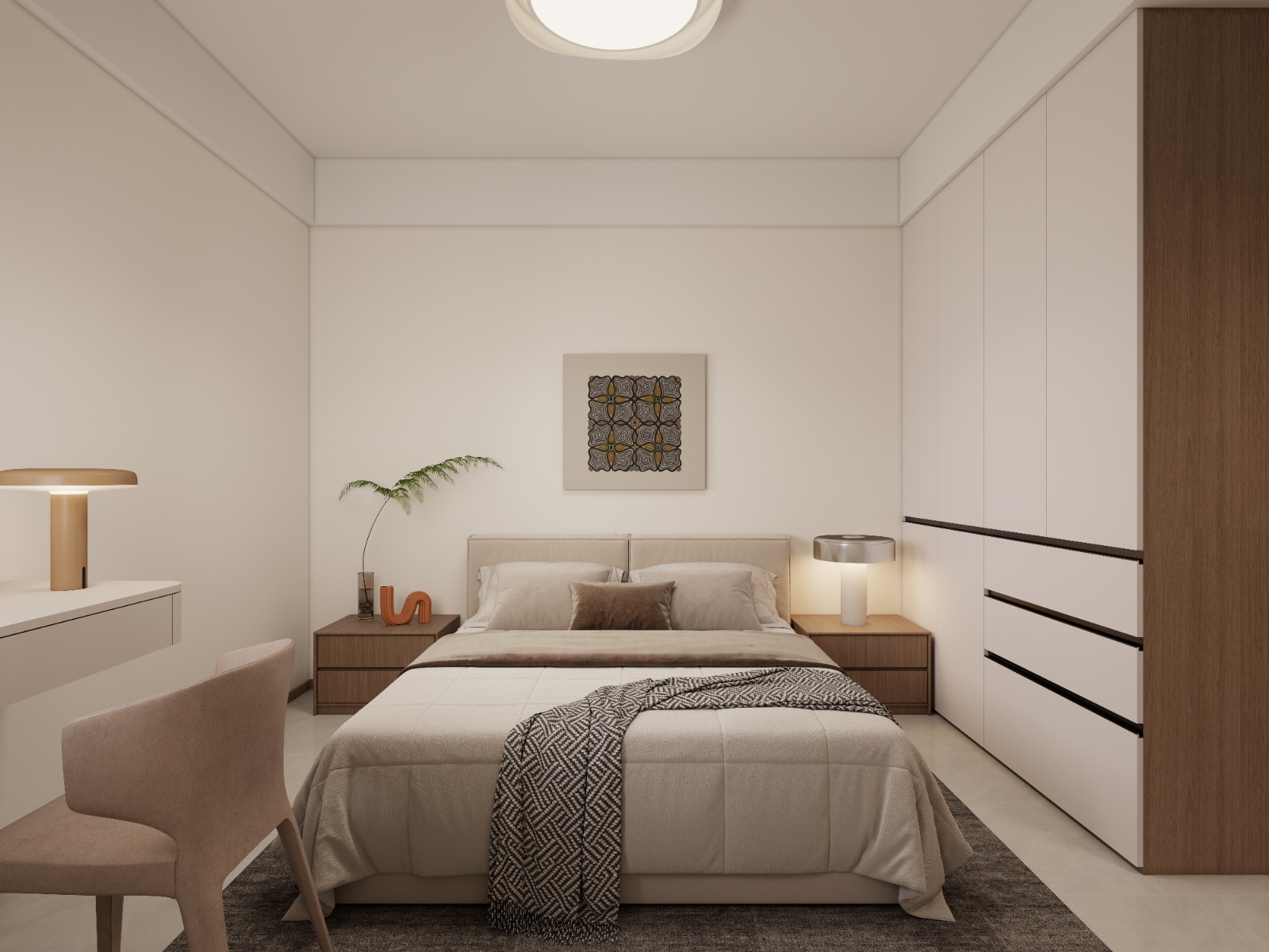 Oxford Homes Residency modern bedroom featuring an upholstered double bed, built-in wardrobes, bedside lighting, and sliding glass doors to a balcony.
