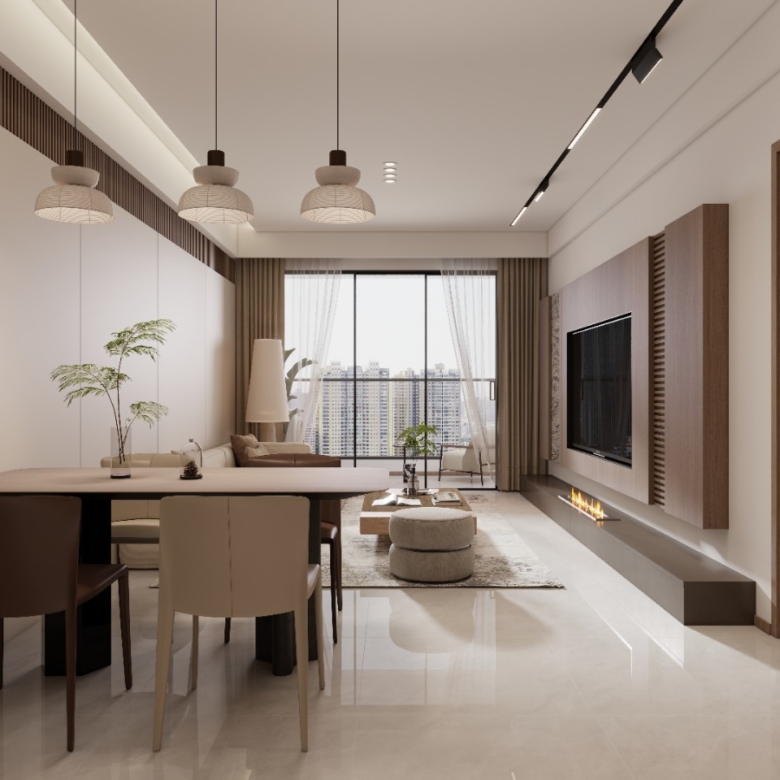 Oxford Homes Residency bright living room featuring a cream sectional sofa, wooden coffee table, modern TV wall, fireplace, and balcony doors.