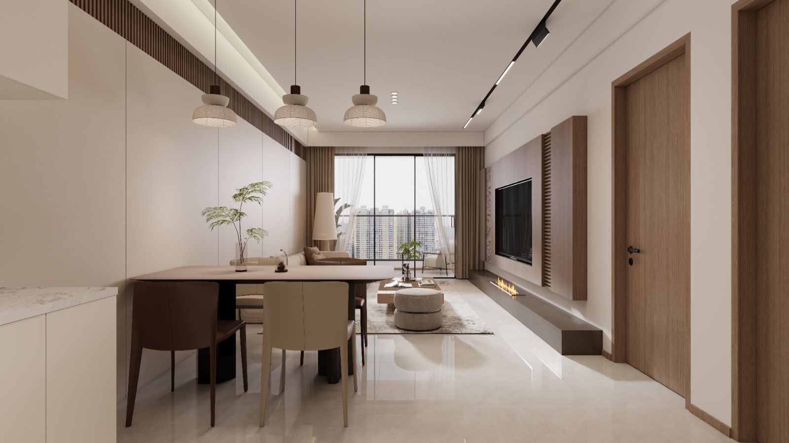 Oxford Homes Residency bright living room featuring a cream sectional sofa, wooden coffee table, modern TV wall, fireplace, and balcony doors.