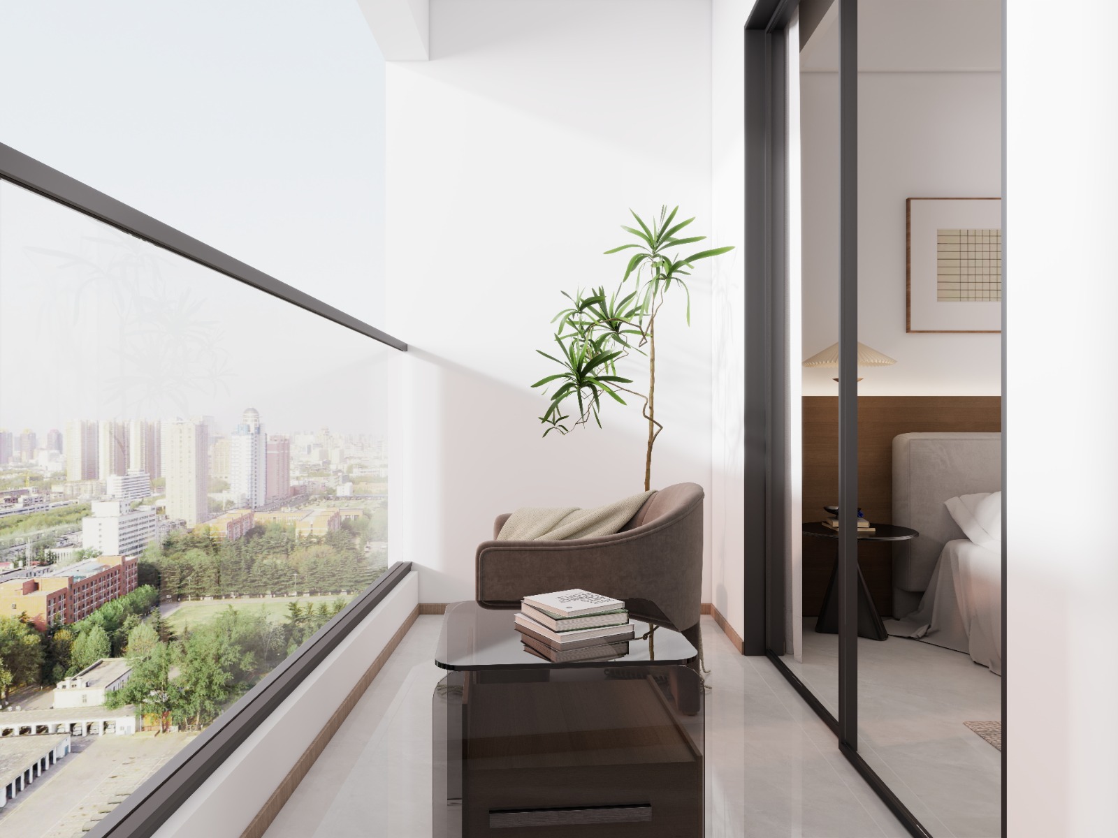 Oxford Homes Residency apartment balcony featuring glass railings, outdoor seating, a washing machine, and panoramic city views.