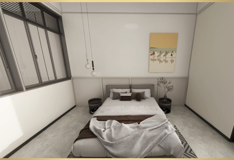 Superwest View Apartments modern bedroom featuring a double bed, bedside tables, decorative pendant lights, large windows, and contemporary wall finishes.