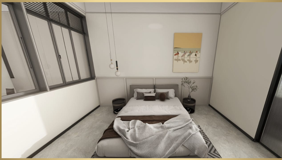 Superwest View Apartments modern bedroom featuring a double bed, bedside tables, decorative pendant lights, large windows, and contemporary wall finishes.