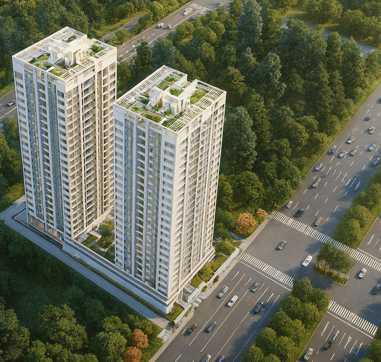 Aerial rendering of Superwest View Apartments in Westlands showing two modern residential towers, rooftop gardens, surrounding greenery, and nearby roads.