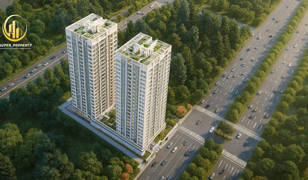 Aerial rendering of Superwest View Apartments in Westlands showing two modern residential towers, rooftop gardens, surrounding greenery, and nearby roads.