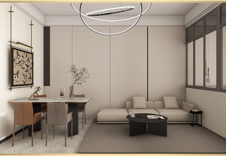 Superwest View Apartments living and dining room featuring a cream sectional sofa, round coffee table, four-seater dining table, large windows, and modern ceiling lighting.