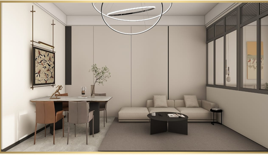 Superwest View Apartments living and dining room featuring a cream sectional sofa, round coffee table, four-seater dining table, large windows, and modern ceiling lighting.