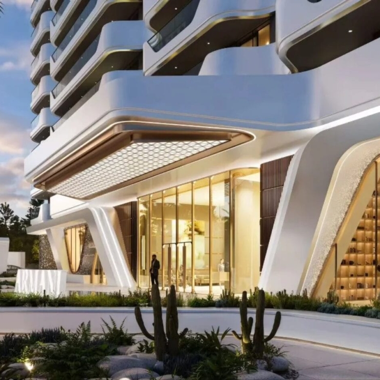 Amani Residence contemporary entrance rendering showing curved white architecture, glass lobby doors, decorative lighting, landscaped gardens, and outdoor pathways.