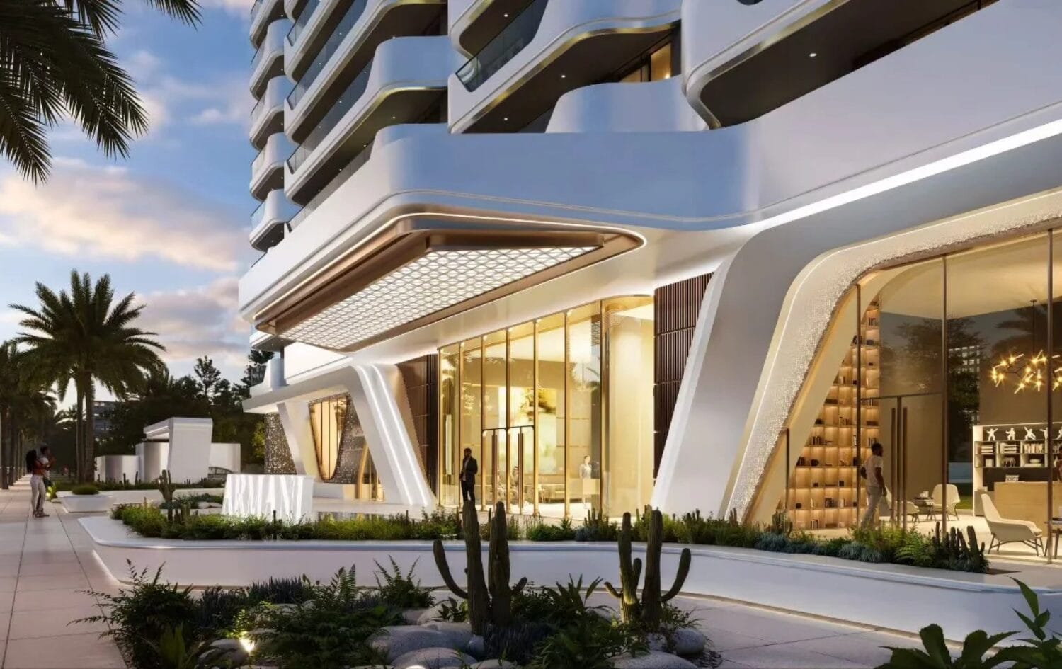 Amani Residence contemporary entrance rendering showing curved white architecture, glass lobby doors, decorative lighting, landscaped gardens, and outdoor pathways.