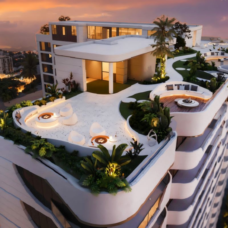 Amani Residence aerial rooftop rendering featuring landscaped gardens, outdoor lounges, curved seating areas, and panoramic city views at sunset.