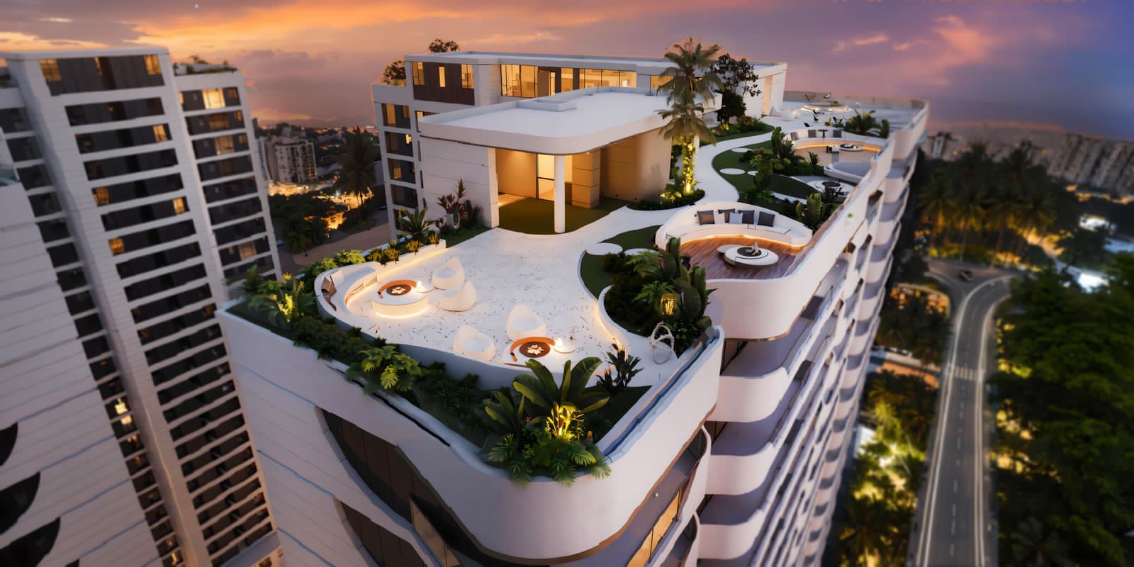 Amani Residence aerial rooftop rendering featuring landscaped gardens, outdoor lounges, curved seating areas, and panoramic city views at sunset.