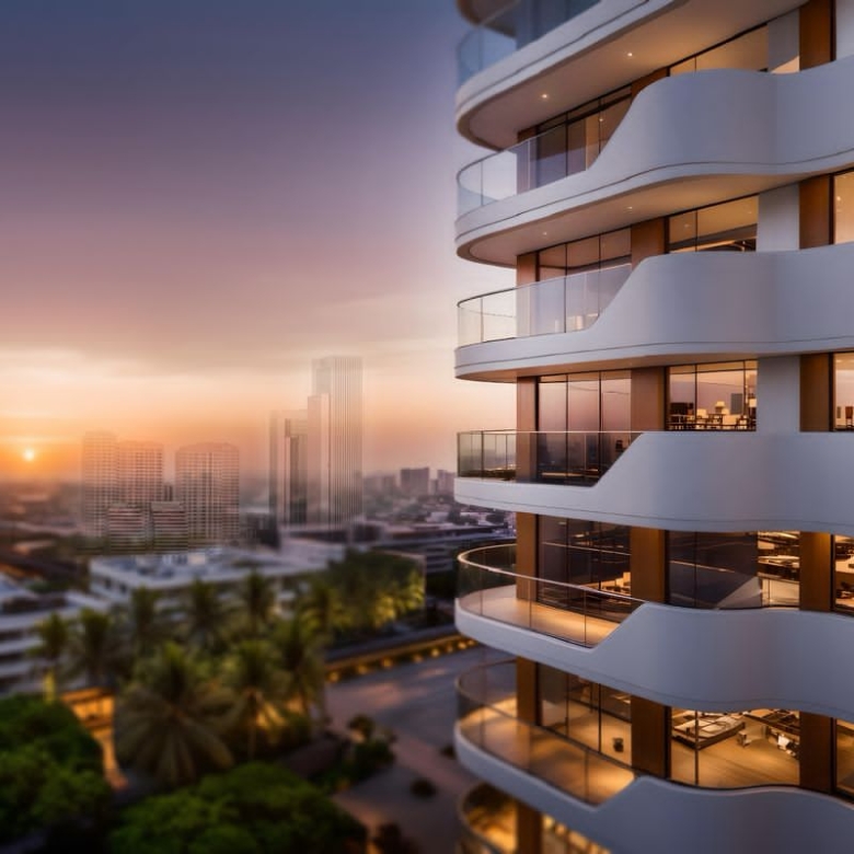 Amani Residence modern apartment exterior featuring curved white balconies, glass railings, floor-to-ceiling windows, and sunset city views.