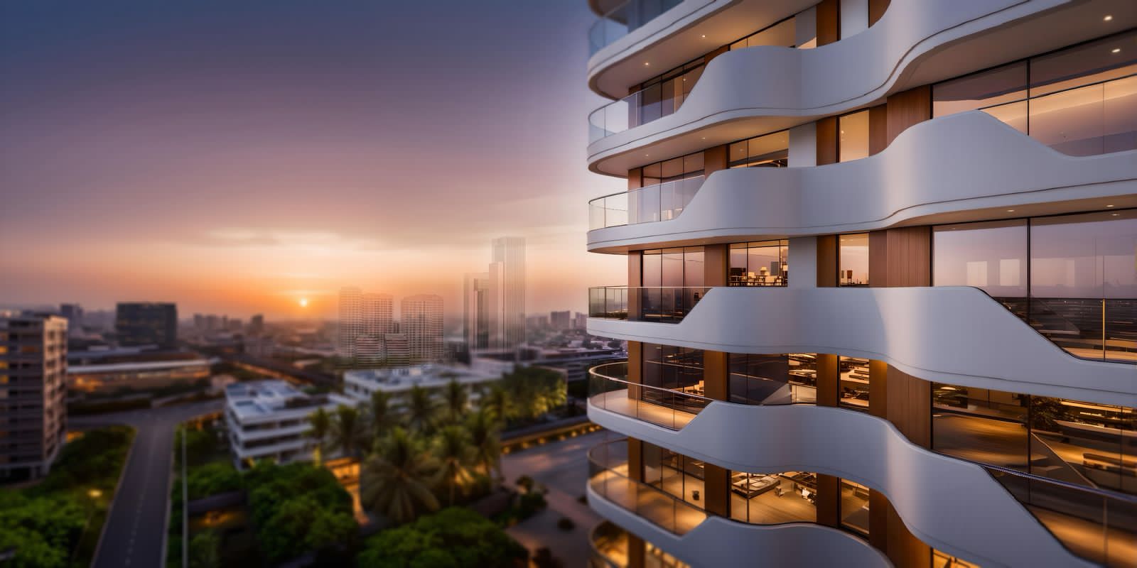 Amani Residence modern apartment exterior featuring curved white balconies, glass railings, floor-to-ceiling windows, and sunset city views.