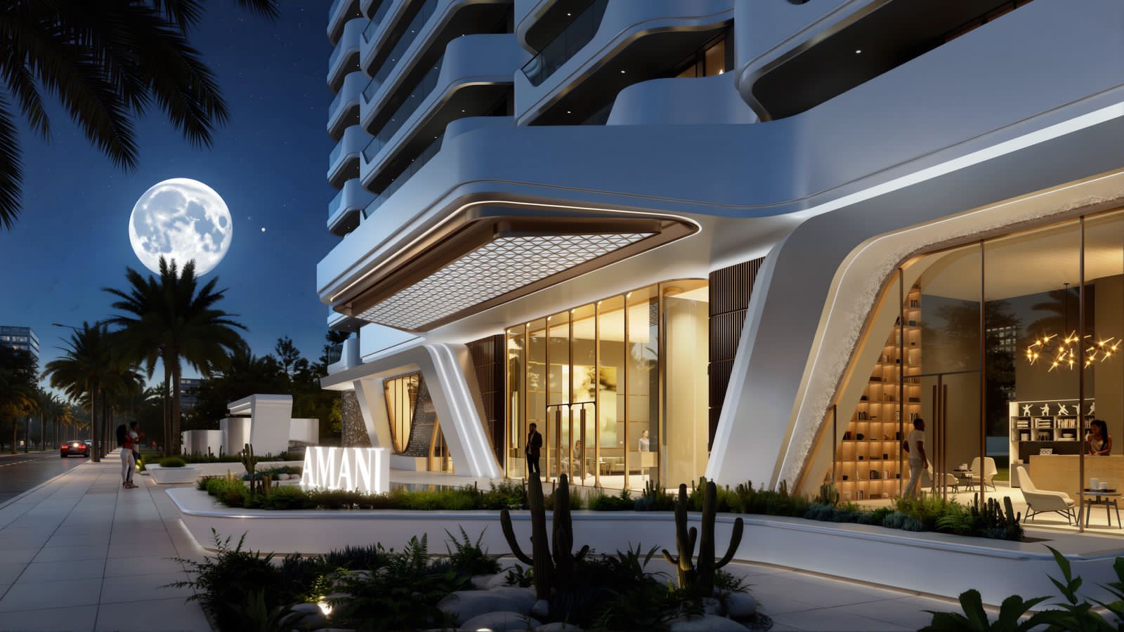Amani Residence luxury main entrance at night featuring illuminated glass doors, curved architectural columns, landscaped gardens, and modern exterior lighting.