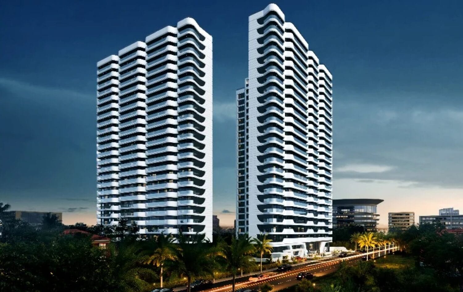 Amani Residence twin-tower exterior rendering featuring modern high-rise apartments, curved white balconies, large windows, and landscaped surroundings.