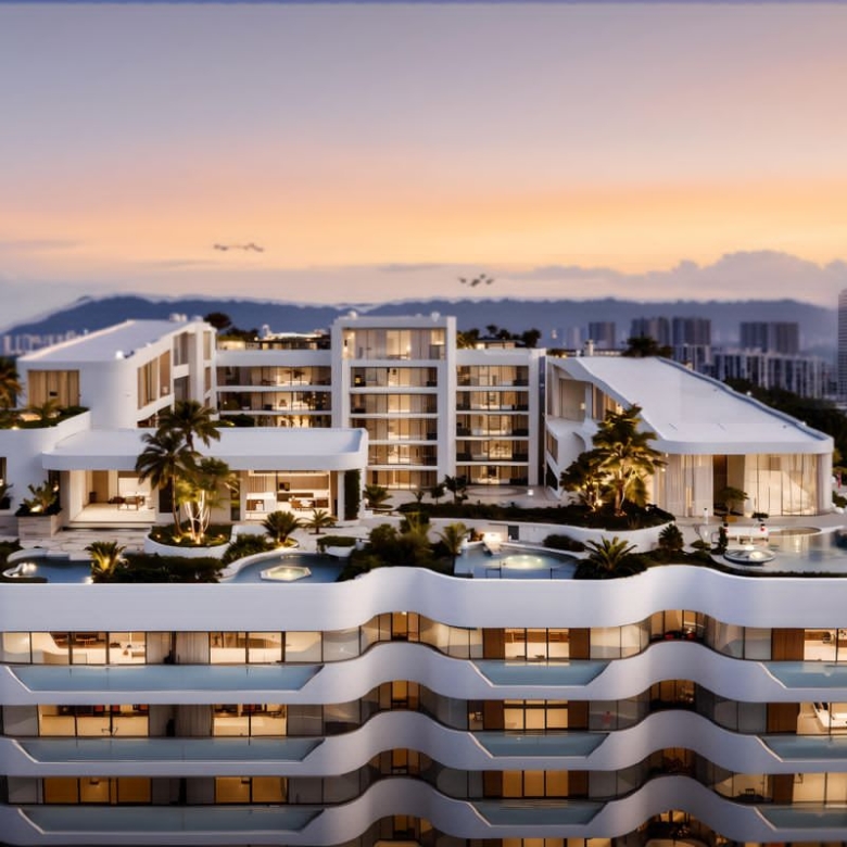 Amani Residence rooftop rendering showing landscaped terraces, luxury lounge spaces, water features, modern architecture, and panoramic skyline views.