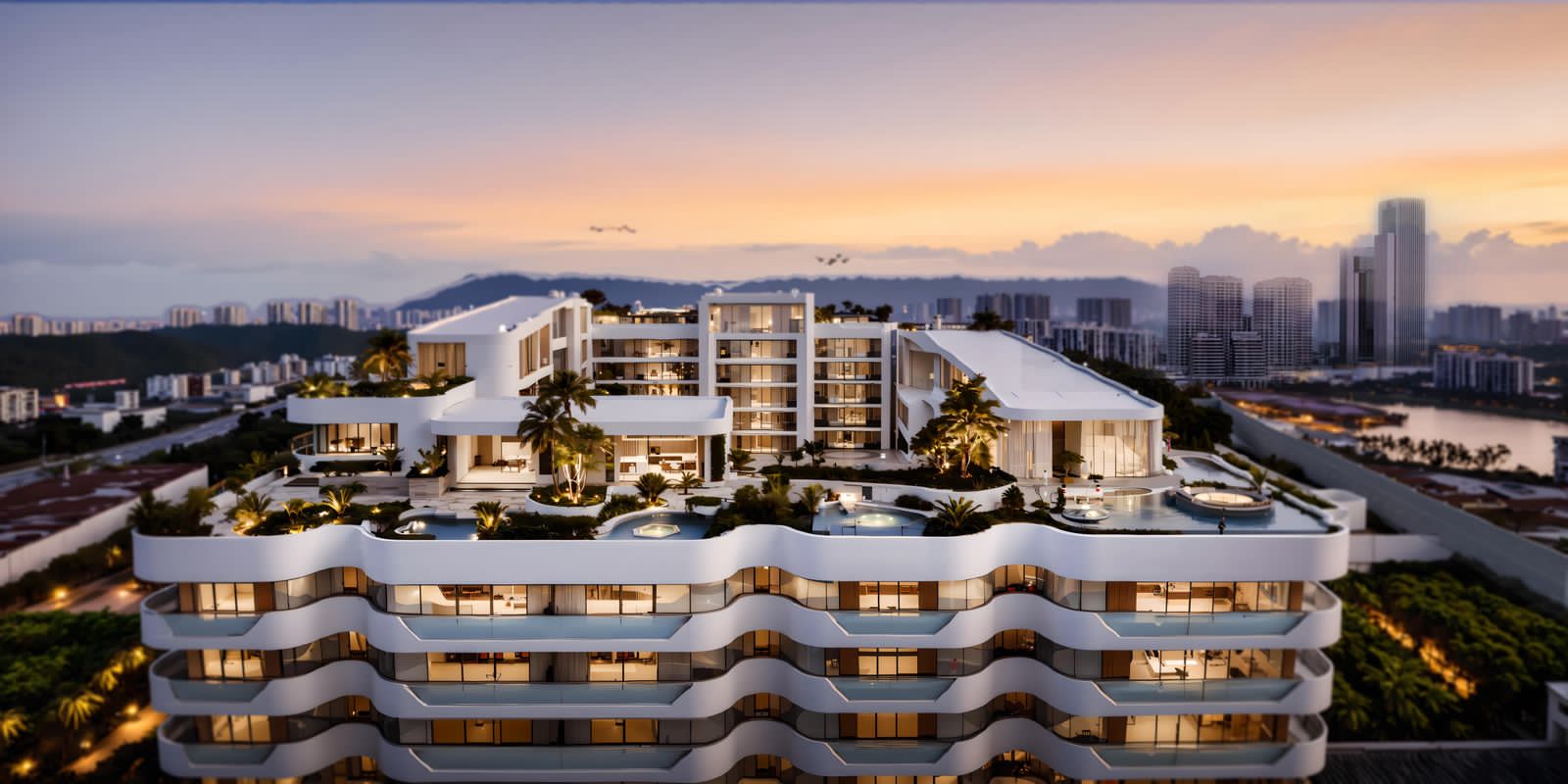 Amani Residence rooftop rendering showing landscaped terraces, luxury lounge spaces, water features, modern architecture, and panoramic skyline views.